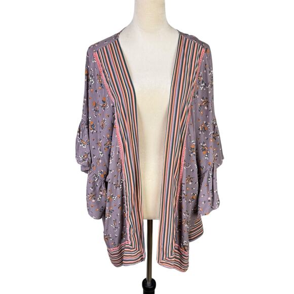 Matilda Jane M/L Along the Way Purple Bird Floral Stripe Print Open Front Kimono - Picture 3 of 13